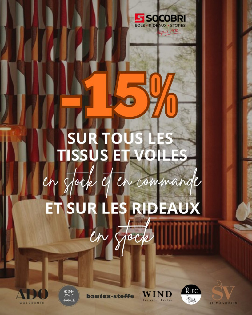 -15% sur les tissus et voiles pour vos rideaux sur-mesure et sur les rideaux en stock